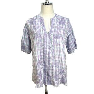 Johnny Was Malo Embroiderd Tunic Plaid Cotton Top Lilac Floral